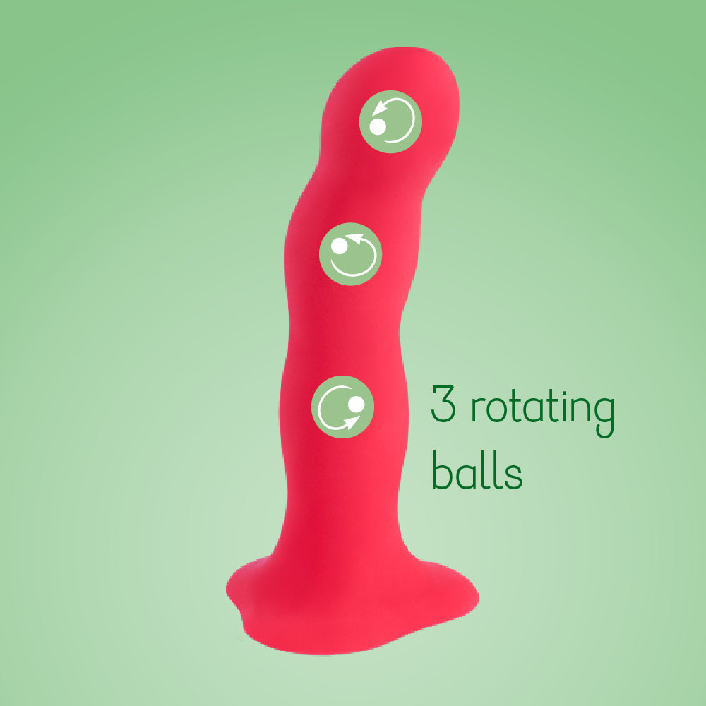 Red dildo with three rotating balls and a suction base.