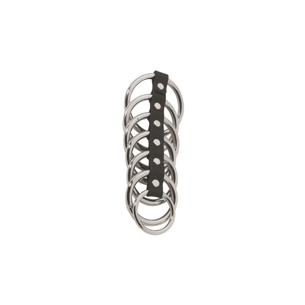 7 ring metal chastity device with black leather strap