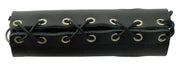 Black leather sheath with silver grommets and black lacing.