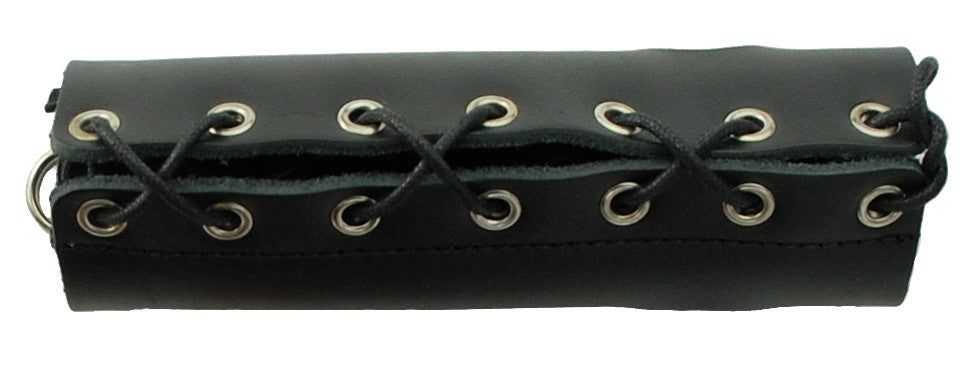 Black leather sheath with silver grommets and black lacing.