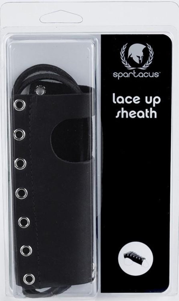 Black leather lace-up sheath with grommets in clear packaging.