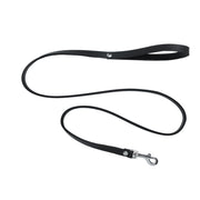 Black leather dog leash with a silver clasp.