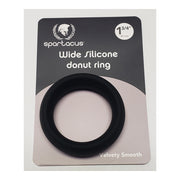 A black, wide silicone donut ring with "1 3/4" and "44 mm" printed on the packaging.