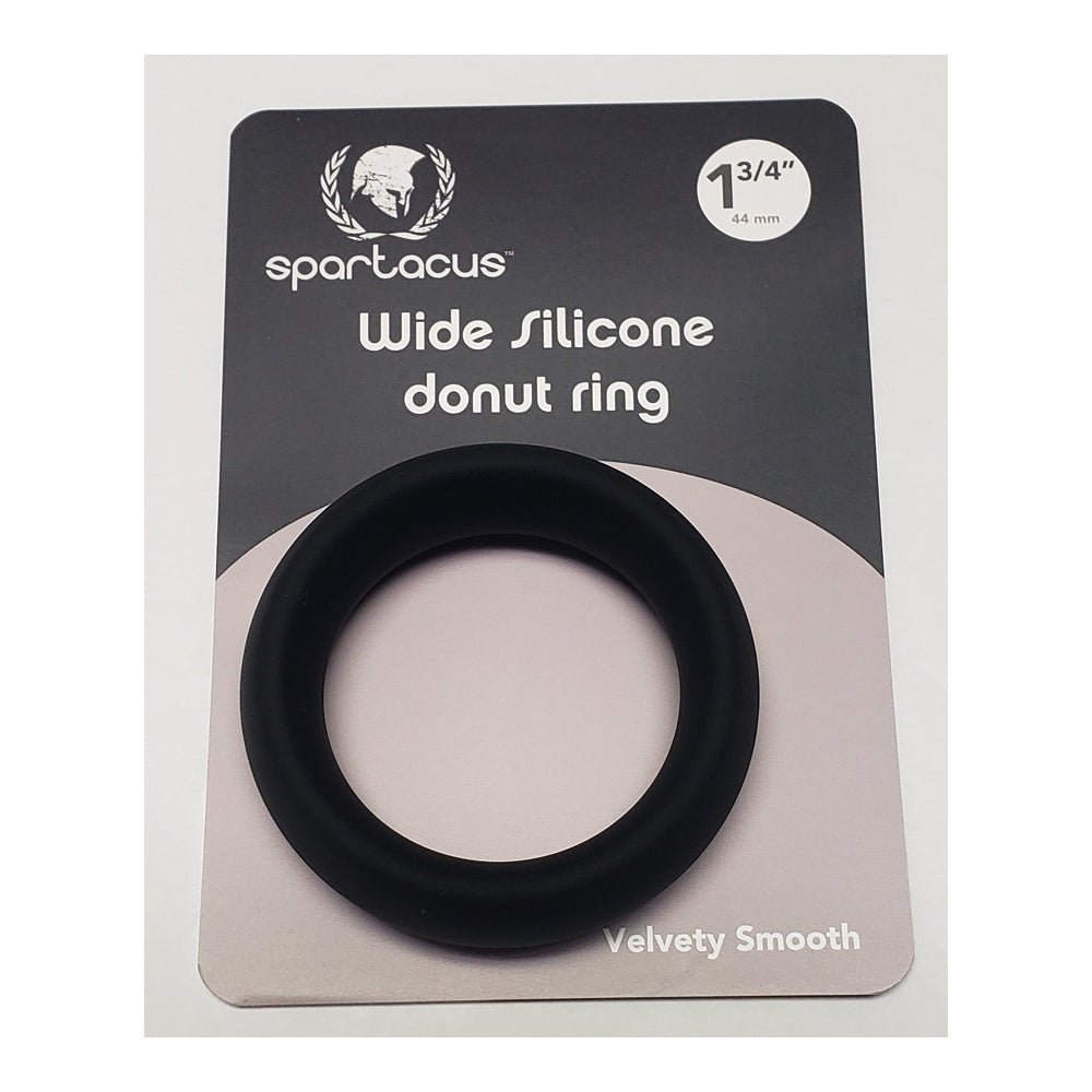 A black, wide silicone donut ring with "1 3/4" and "44 mm" printed on the packaging.