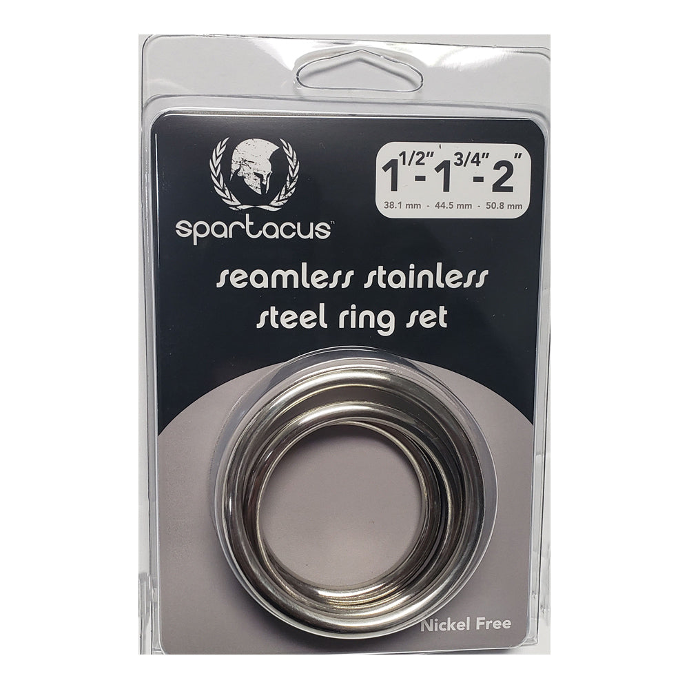 Spartacus stainless steel seamless ring set with sizes 1.5, 1.75, and 2 inches.
