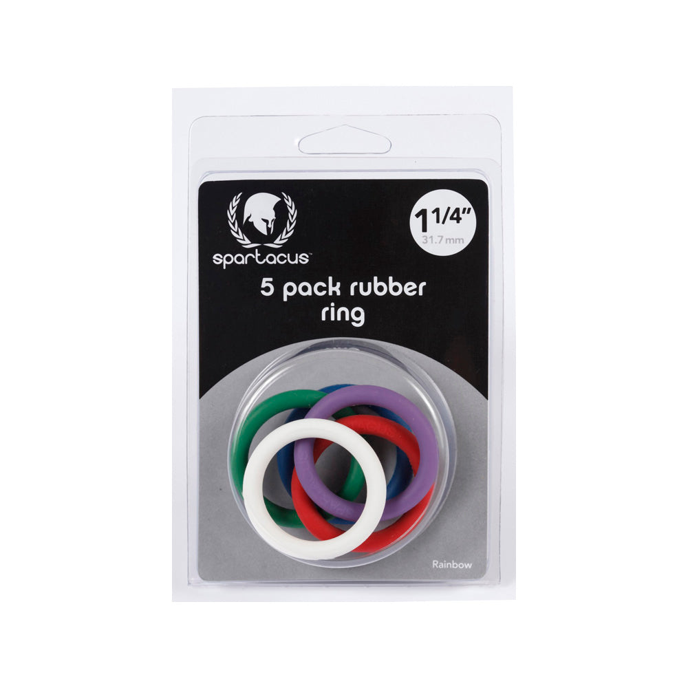 Five rainbow-colored rubber rings in packaging.