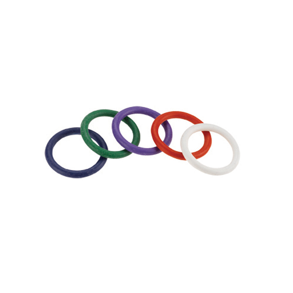 Five colorful rubber rings in a row.