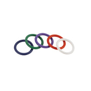 Five colorful rubber rings in a row.