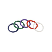 Five colorful rubber rings in a row.