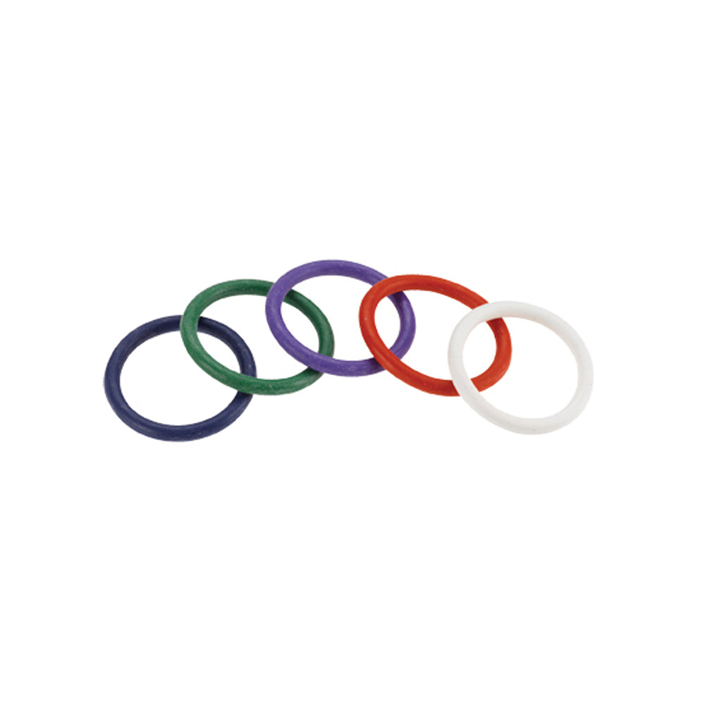 Five colorful rubber rings in a row.