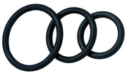 Three black nitrile cock rings linked together.