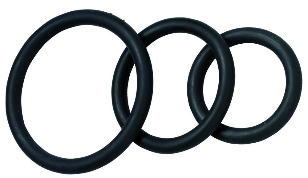 Three black nitrile cock rings linked together.