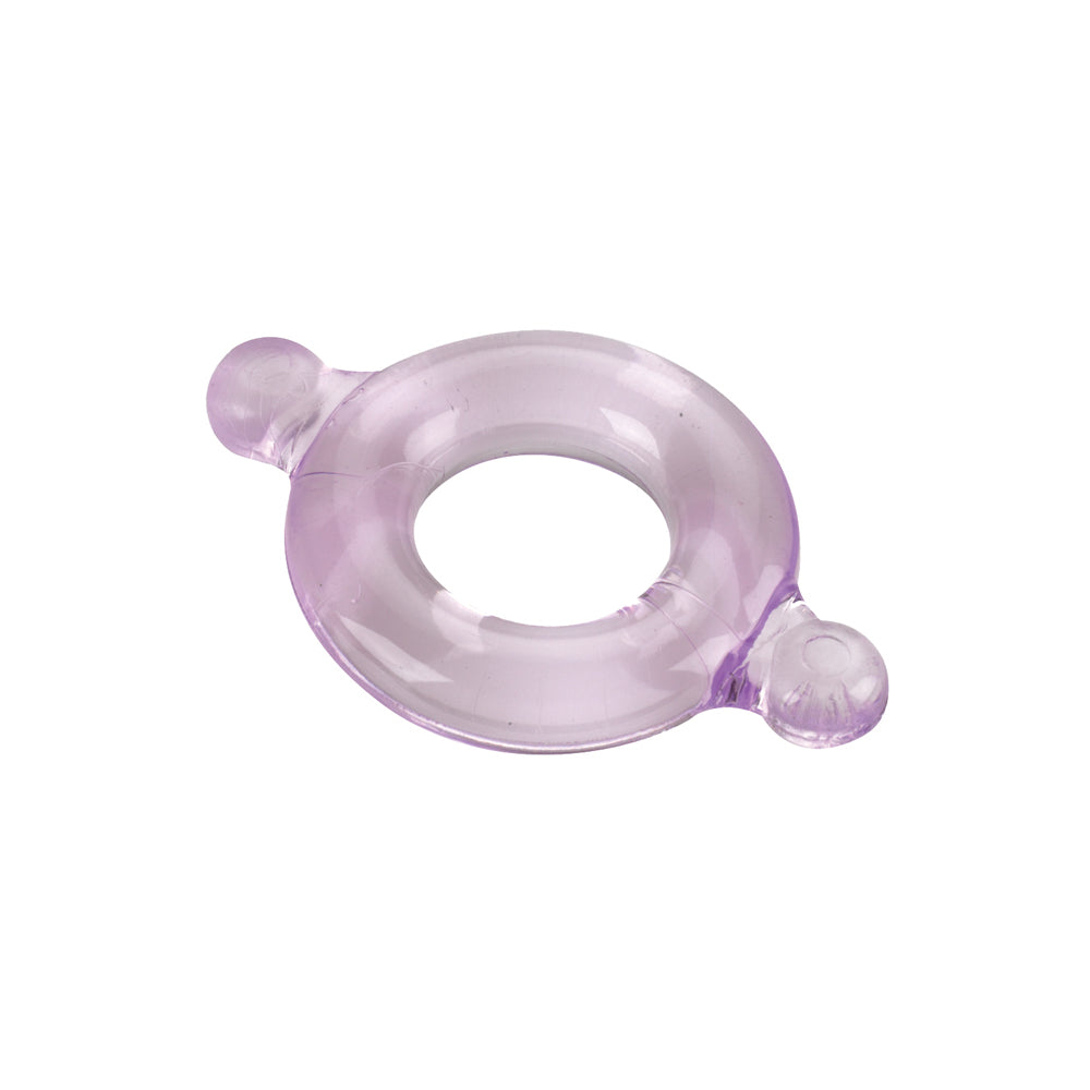 A purple, flexible elastomer double-wide cock ring.