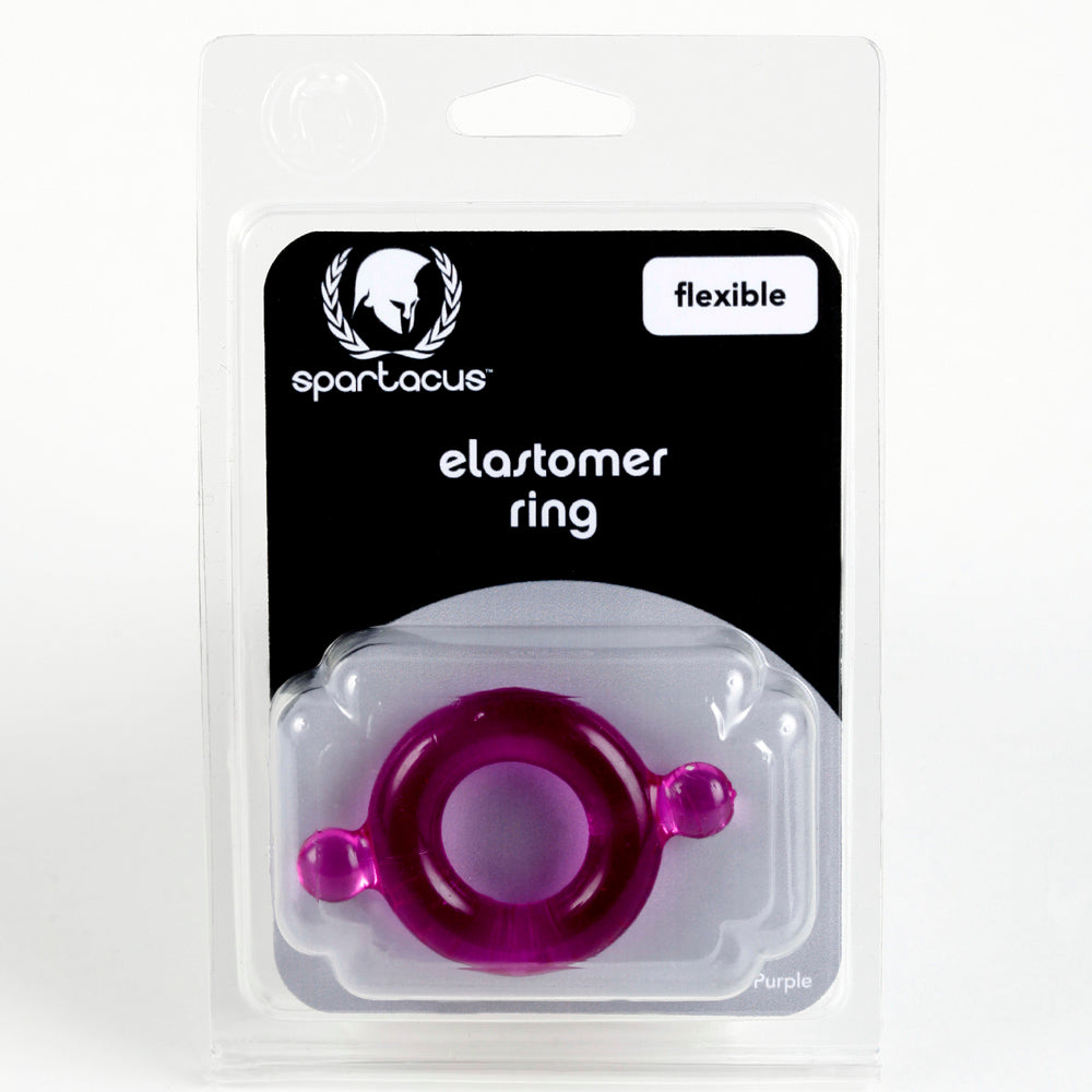 Purple flexible elastomer cock ring in packaging.