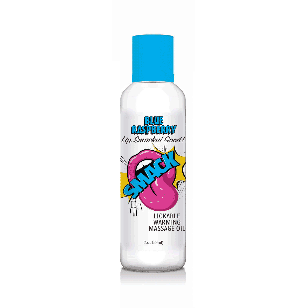 Blue Raspberry warming and lickable massage oil in a clear bottle with a blue cap.