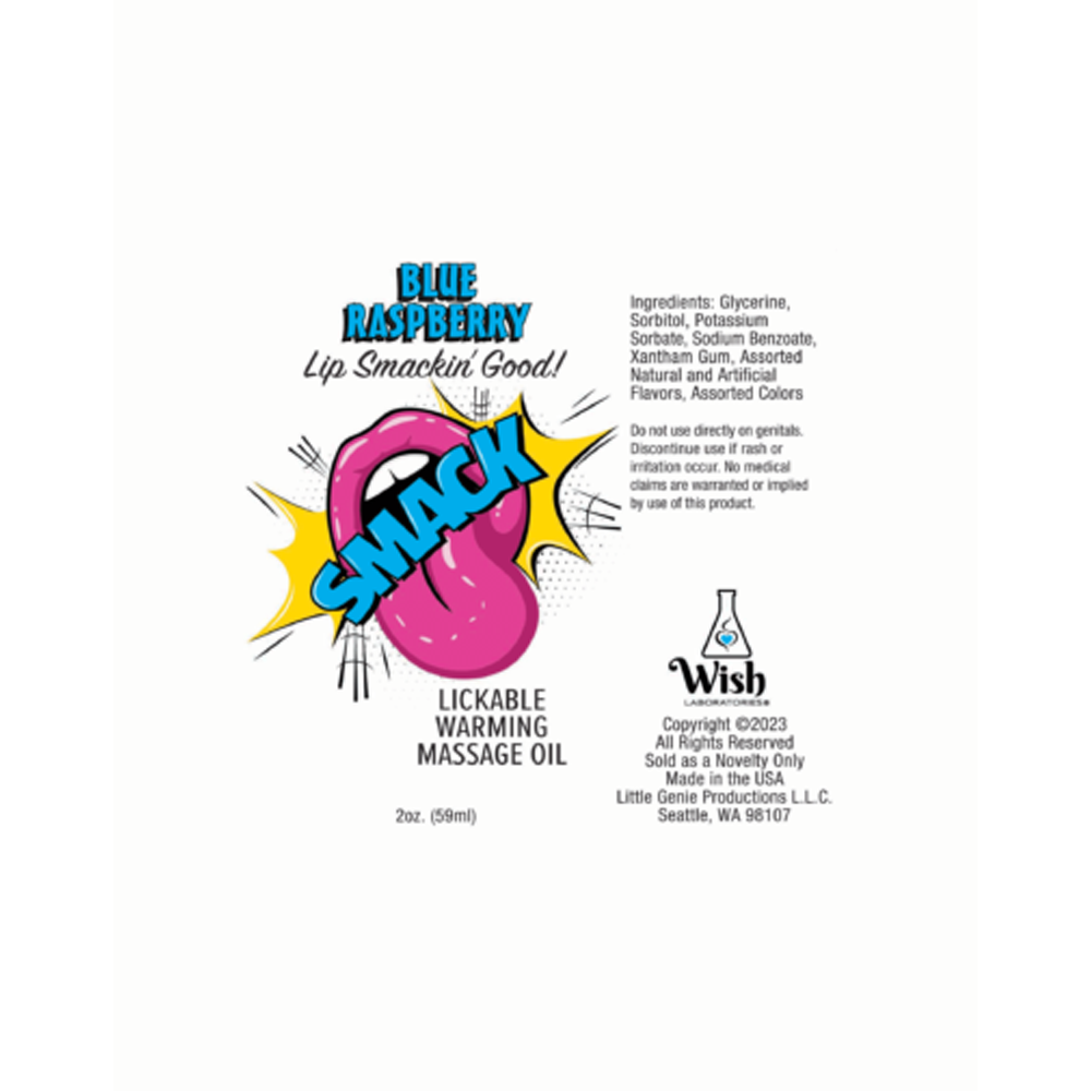 Blue Raspberry Warming & Lickable Massage Oil with a cartoon tongue and lips graphic.