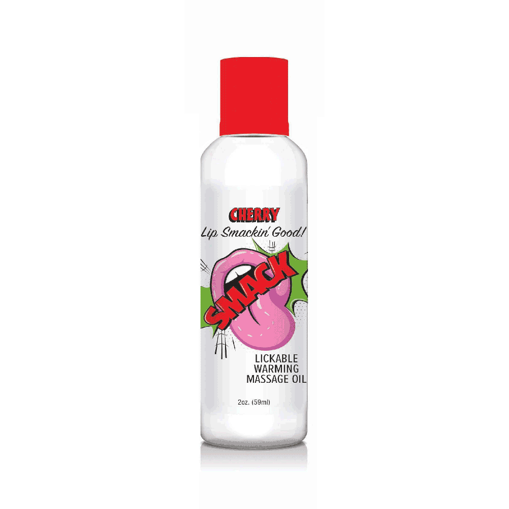 A bottle of cherry flavored warming massage oil with a cartoon tongue and lips graphic.