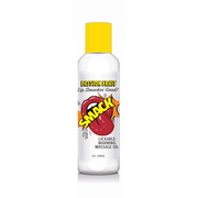 A bottle of Passion Fruit Warming & Lickable Massage Oil with a yellow cap.