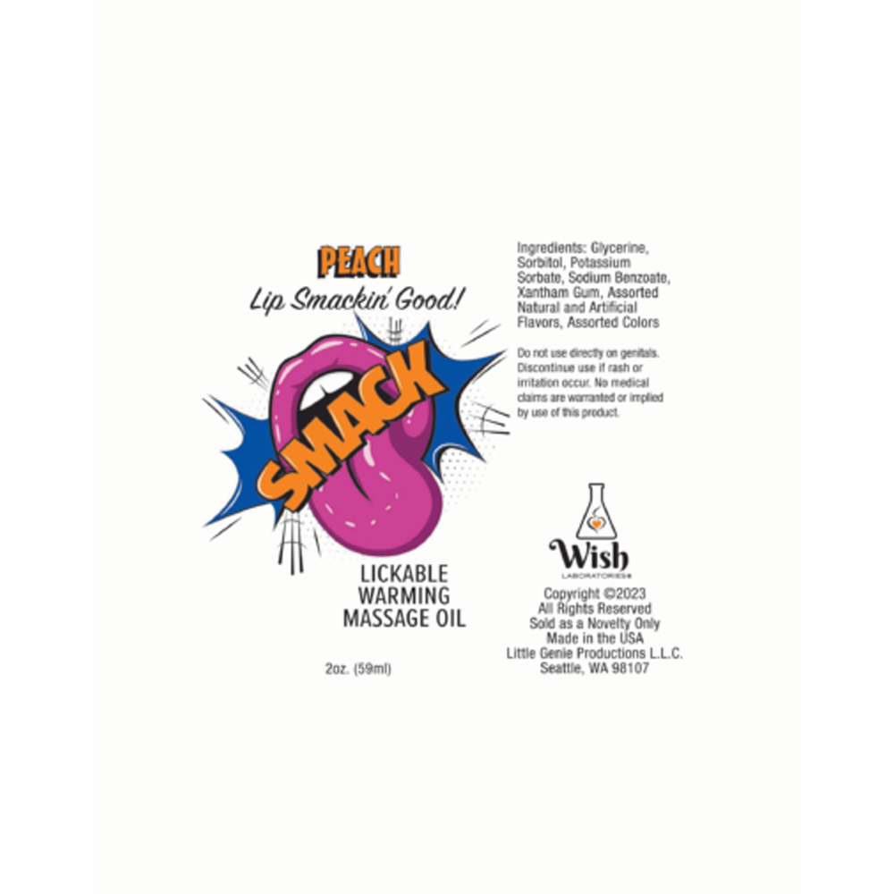 Peach Warming & Lickable Massage Oil with a cartoon mouth graphic.