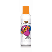 A clear bottle of peach warming massage oil with a comic-style lip graphic.