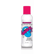 Clear bottle of strawberry flavored warming massage oil with a pink cap.