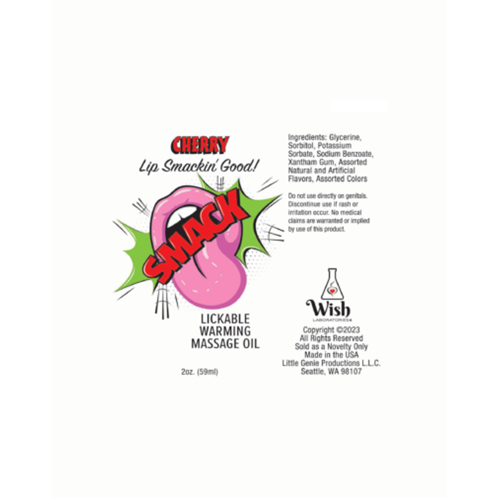 Cherry lickable warming massage oil with a tongue graphic.