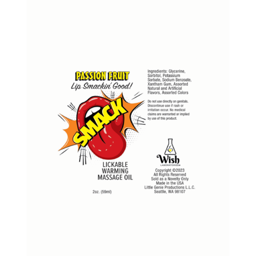 Passion Fruit Warming & Lickable Massage Oil with a comic-style "SMACK" graphic.