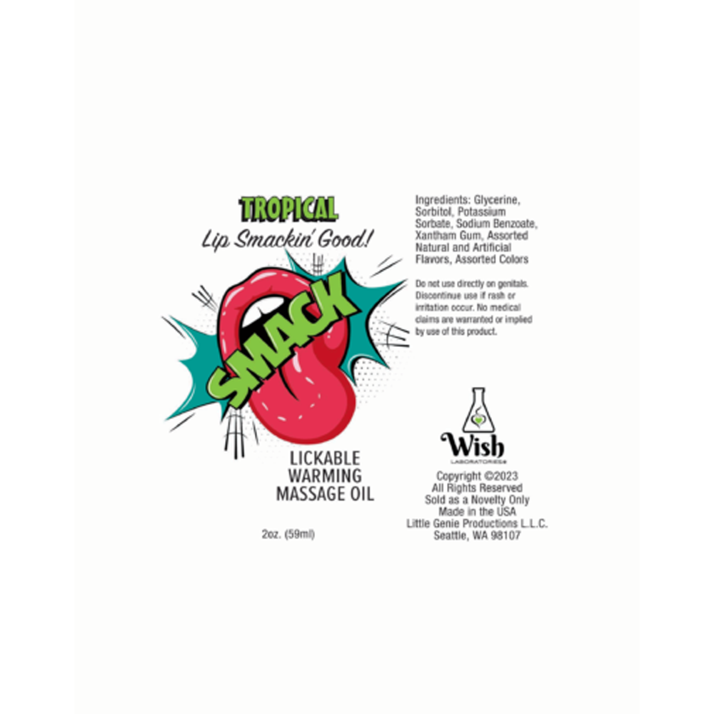 Tropical warming and lickable massage oil with a lip graphic.