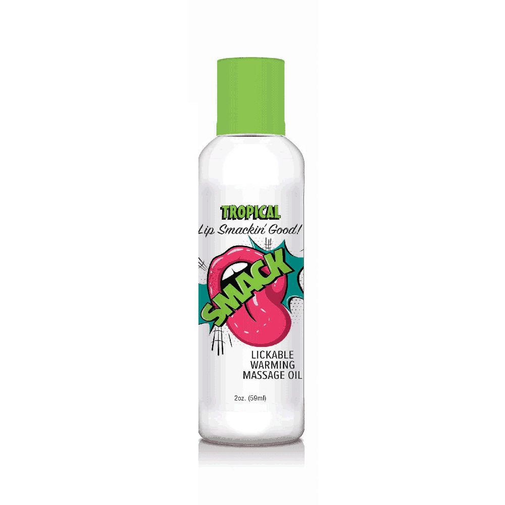 Clear bottle of tropical flavored warming massage oil with a green cap.