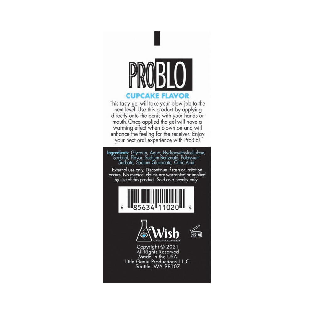 ProBlo Cupcake Flavored Warming Gel with ingredients and usage instructions.