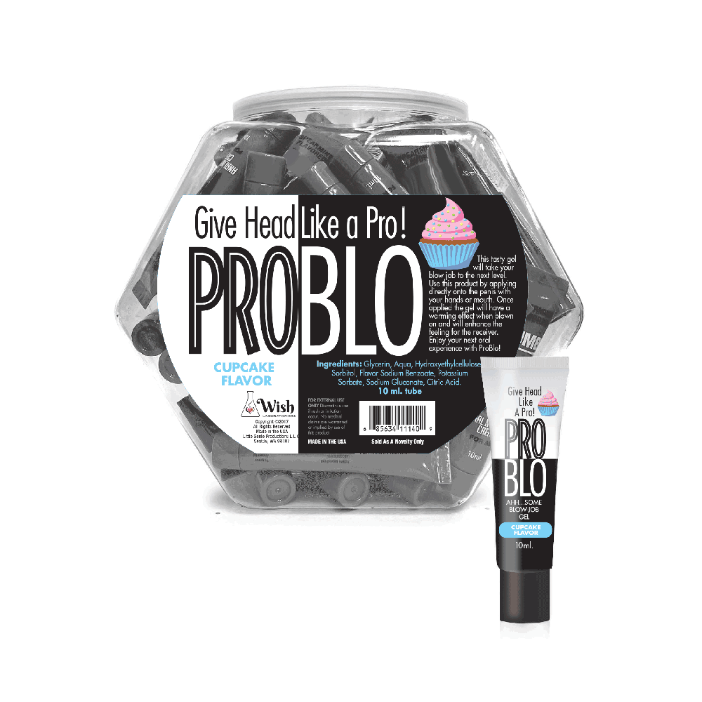 A jar of Pro Blo Cupcake flavored oral pleasure gel tubes.