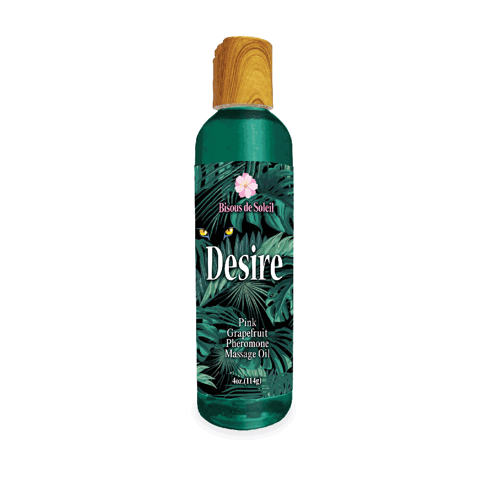 Green bottle of Desire Pheromone Massage Oil with a wooden cap and tropical leaf label.