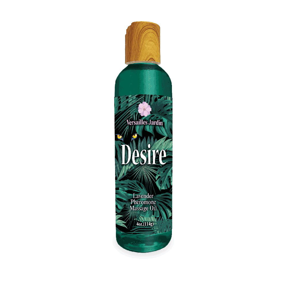 A bottle of Versailles Jardin Desire Lavender Pheromone Massage Oil.