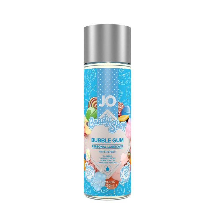 A bottle of JO Bubble Gum flavored water-based personal lubricant.