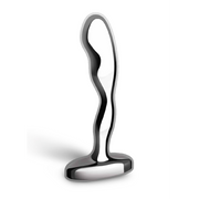Curved stainless steel prostate plug with a weighted base.