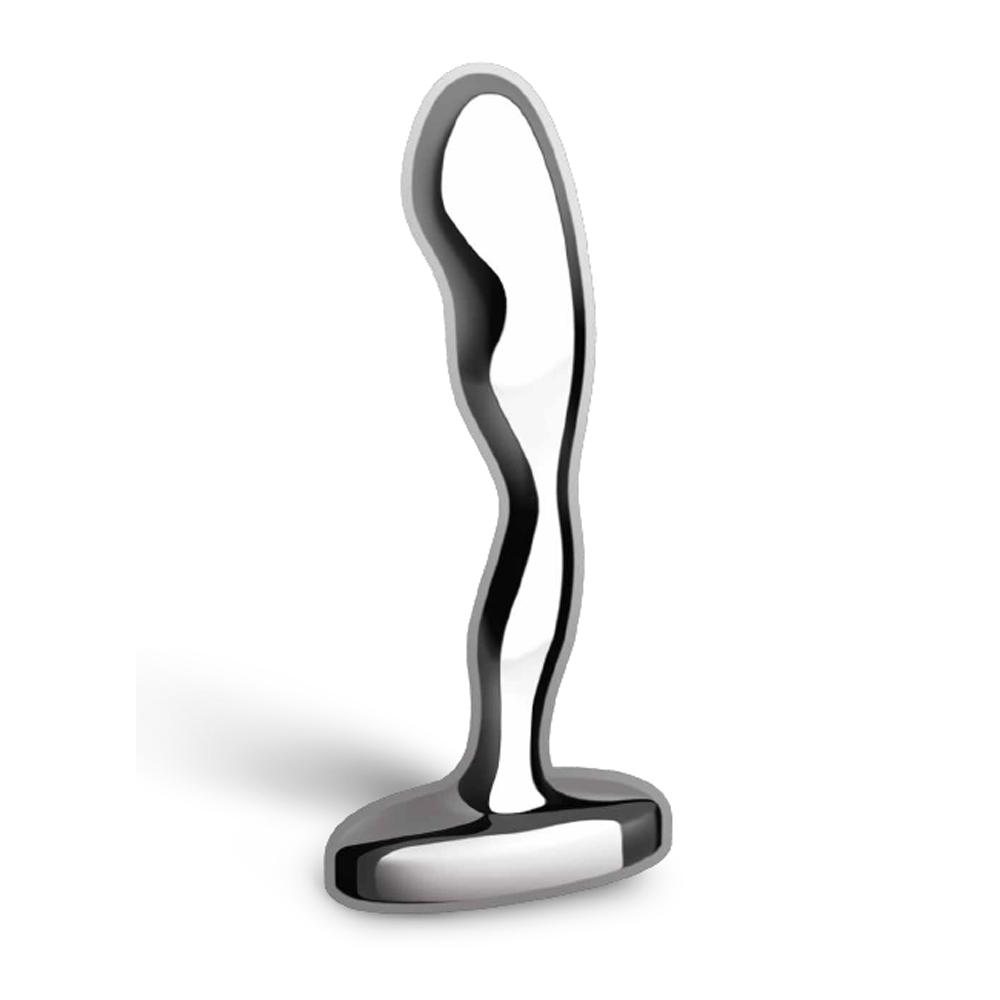Curved stainless steel prostate plug with a weighted base.