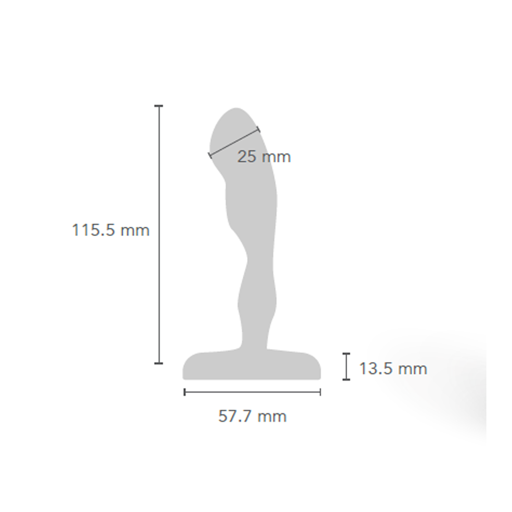 Diagram of stainless steel prostate plug showing 115.5 mm length, 25 mm width, 57.7 mm base, and 13.5 mm height.