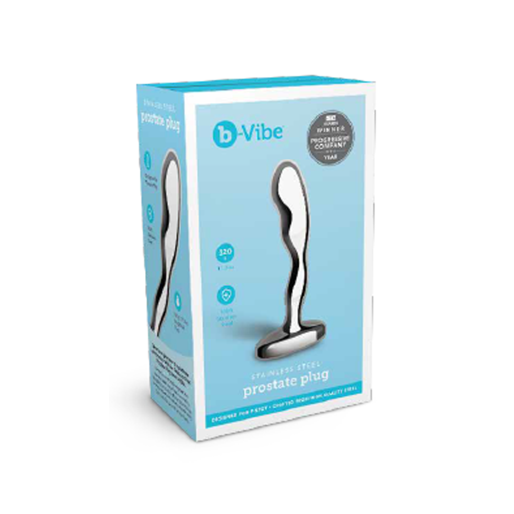 b-Vibe stainless steel prostate plug with a curved design.