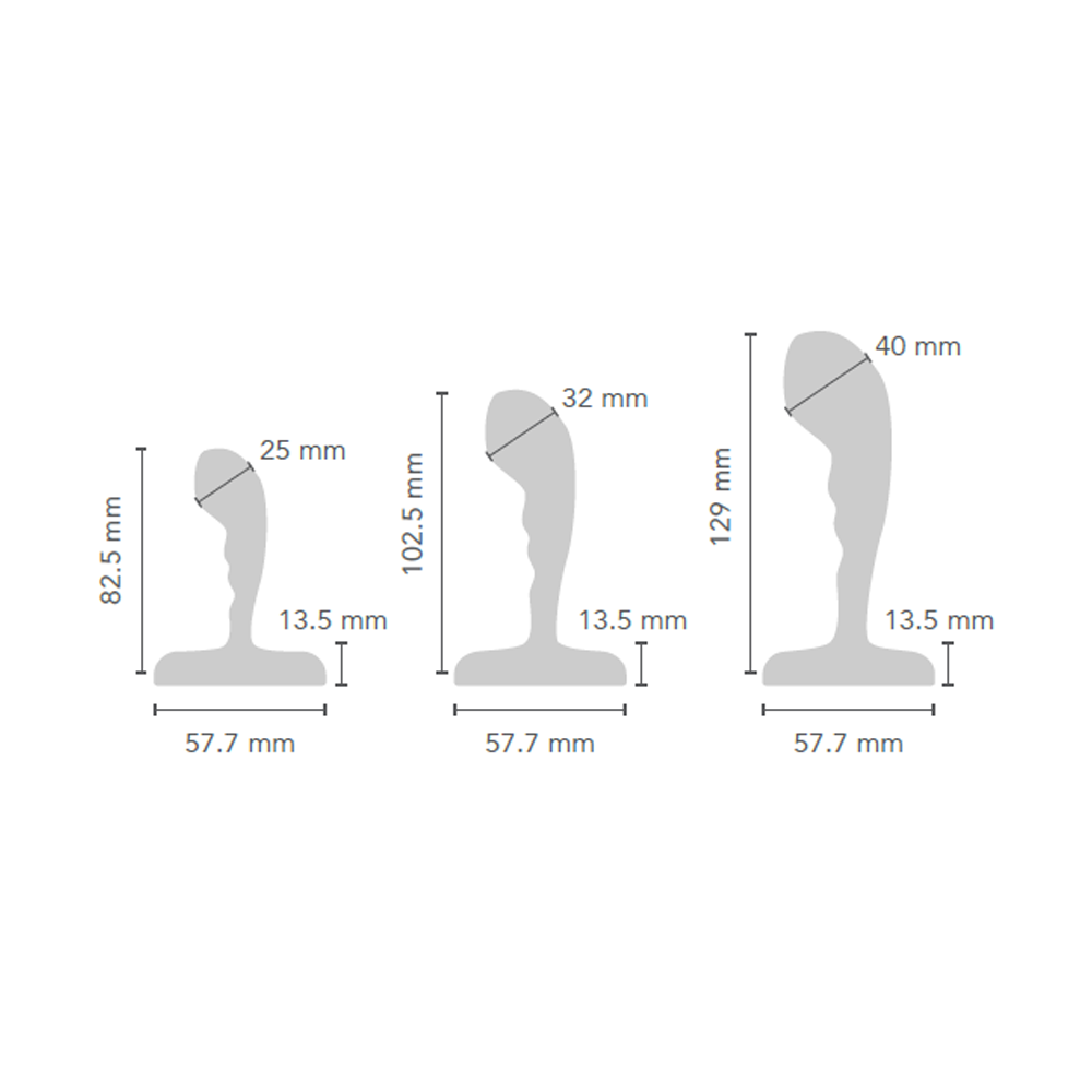 Three stainless steel prostate training plugs with dimensions labeled.
