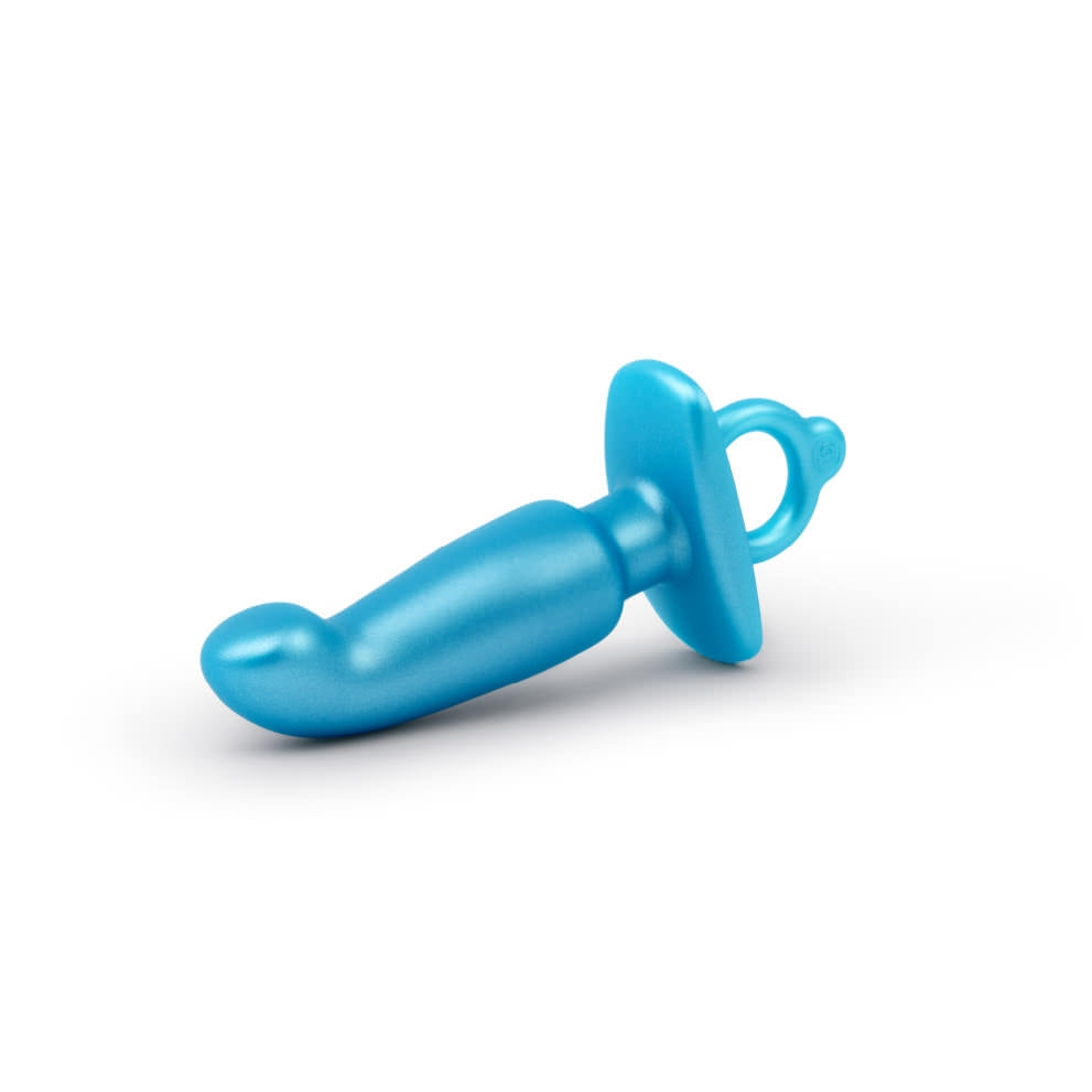 Blue silicone prostate plug with a finger loop base.