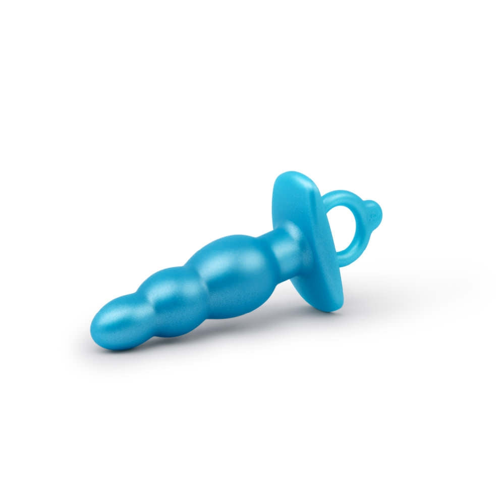 Blue beaded silicone anal plug with a retrieval ring.