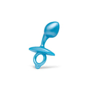 Blue silicone prostate plug with a bulbous head and retrieval ring.