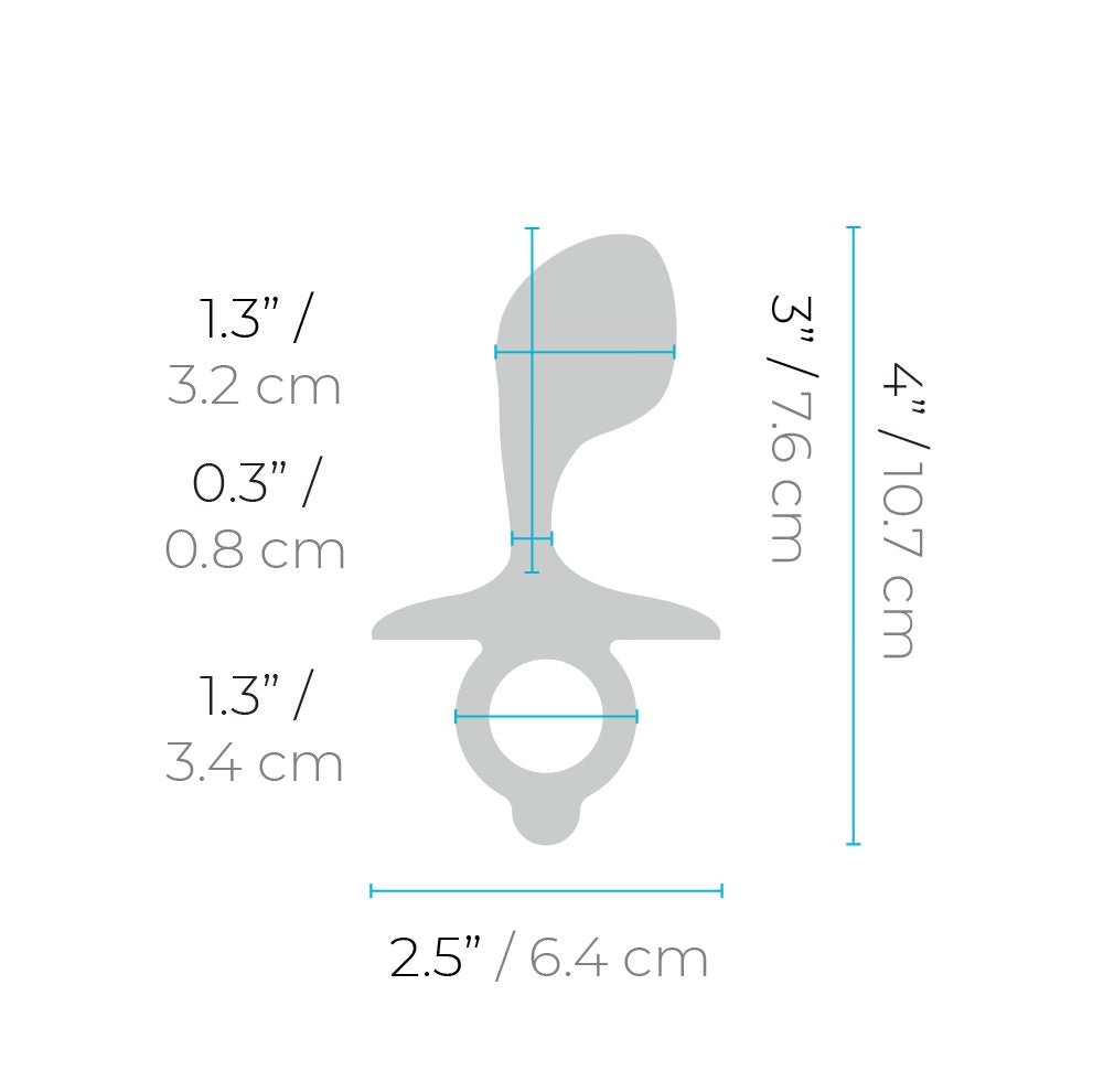 Bulb silicone prostate plug with dimensions shown.