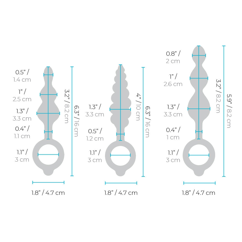Three silicone anal plugs with beaded textures and measurement guides.