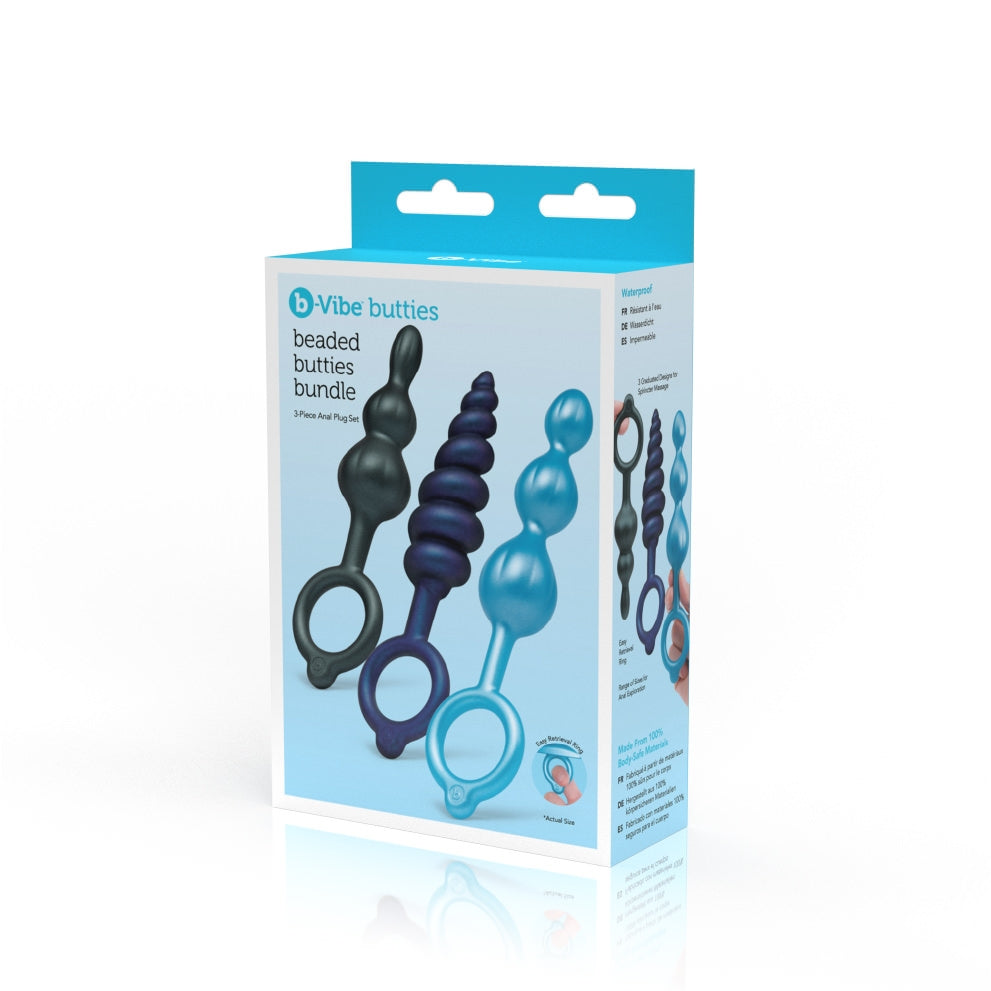 b-Vibe beaded butties 3-piece anal plug set in black, purple, and blue.