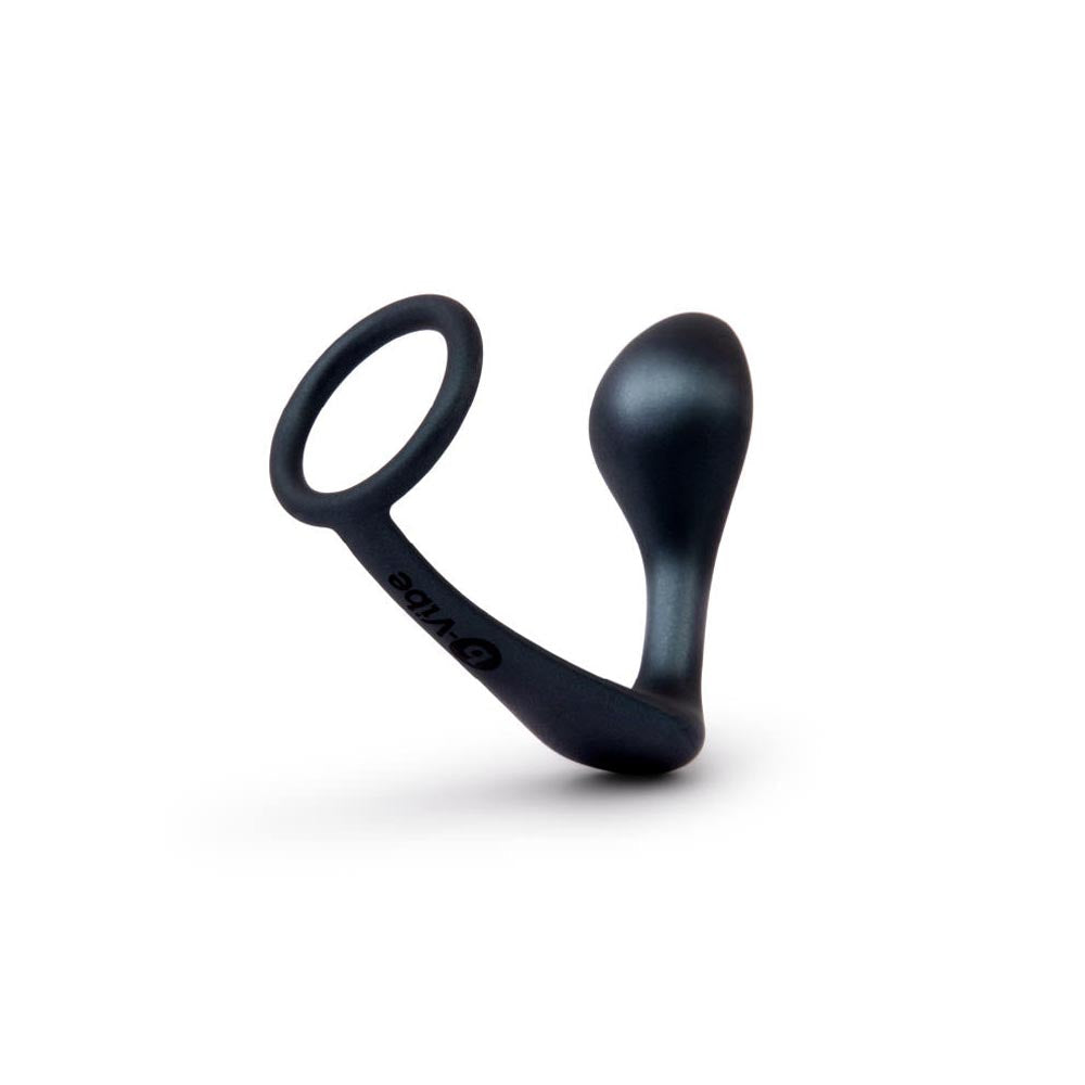 Black silicone cock ring and prostate plug with b-Vibe logo.