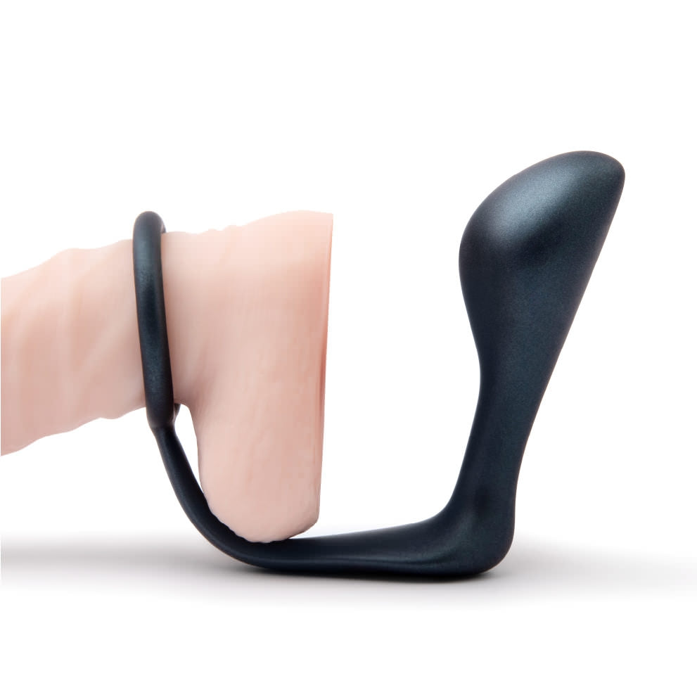 Silicone cock ring and prostate plug with a black finish.