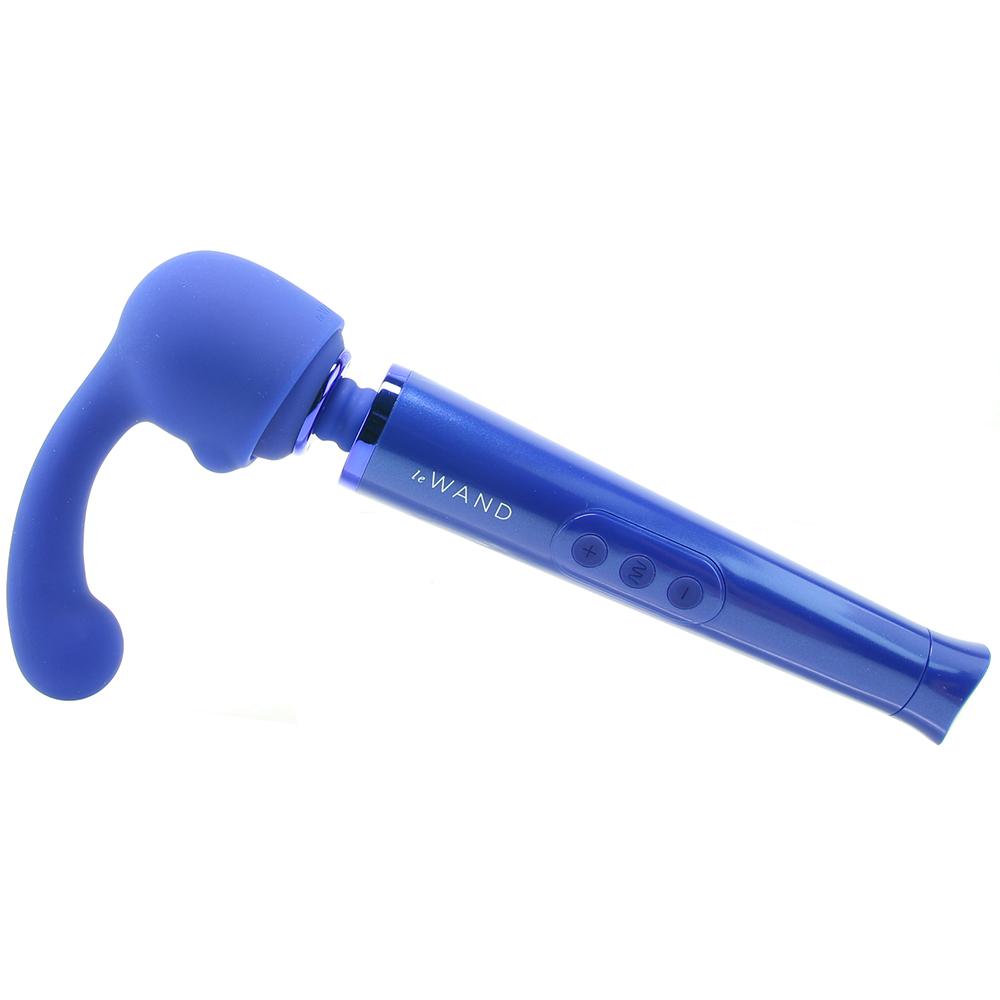 A blue Le Wand vibrator with a curved head and control buttons.