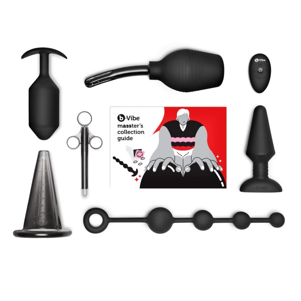 Black anal training set with 10 pieces including beads, cones, plugs, and accessories.
