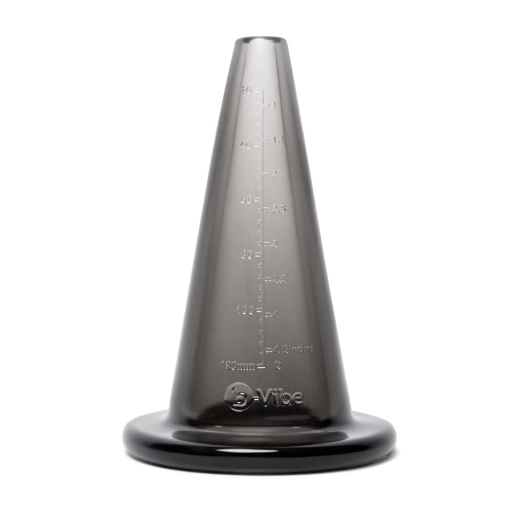 A translucent grey anal training cone with measurement markings and a b-Vibe logo.